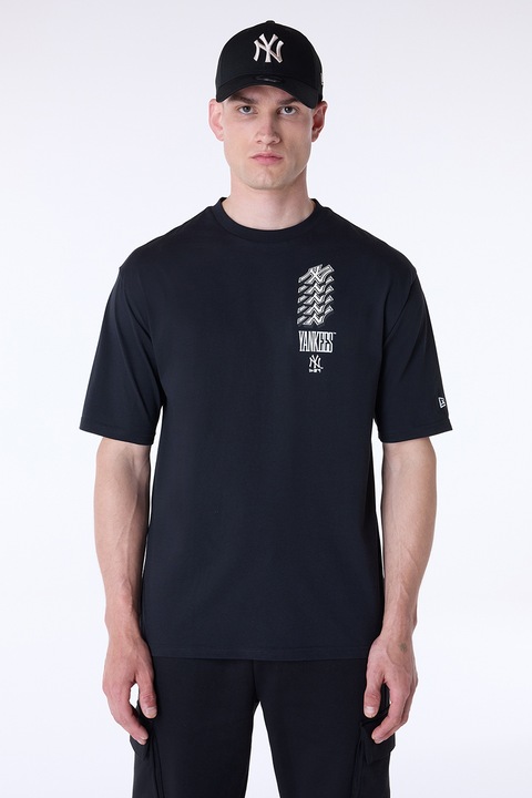 New Era, Тениска с овално деколте и лого, Черен/Бял