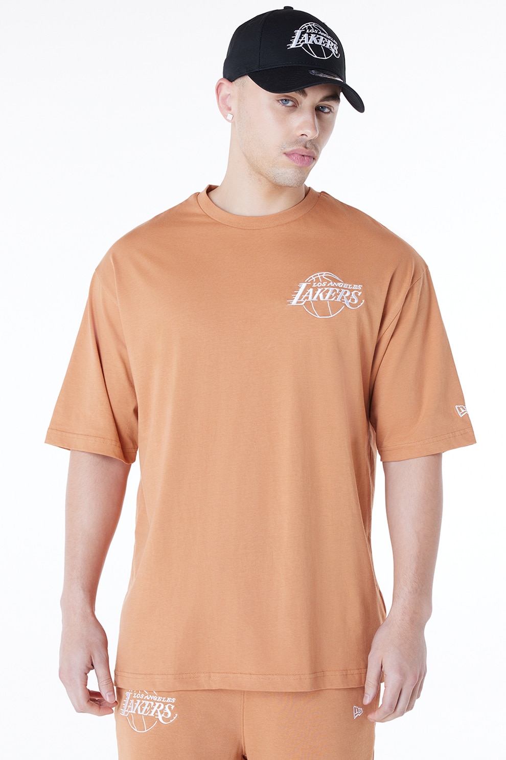 New Era, Tricou de bumbac cu decolteu la baza gatului si logo pe piept, Piersica, Alb optic, S