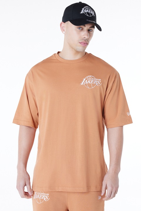 New Era, Памучна тениска с овално деколте и лого, Праскова/Бял