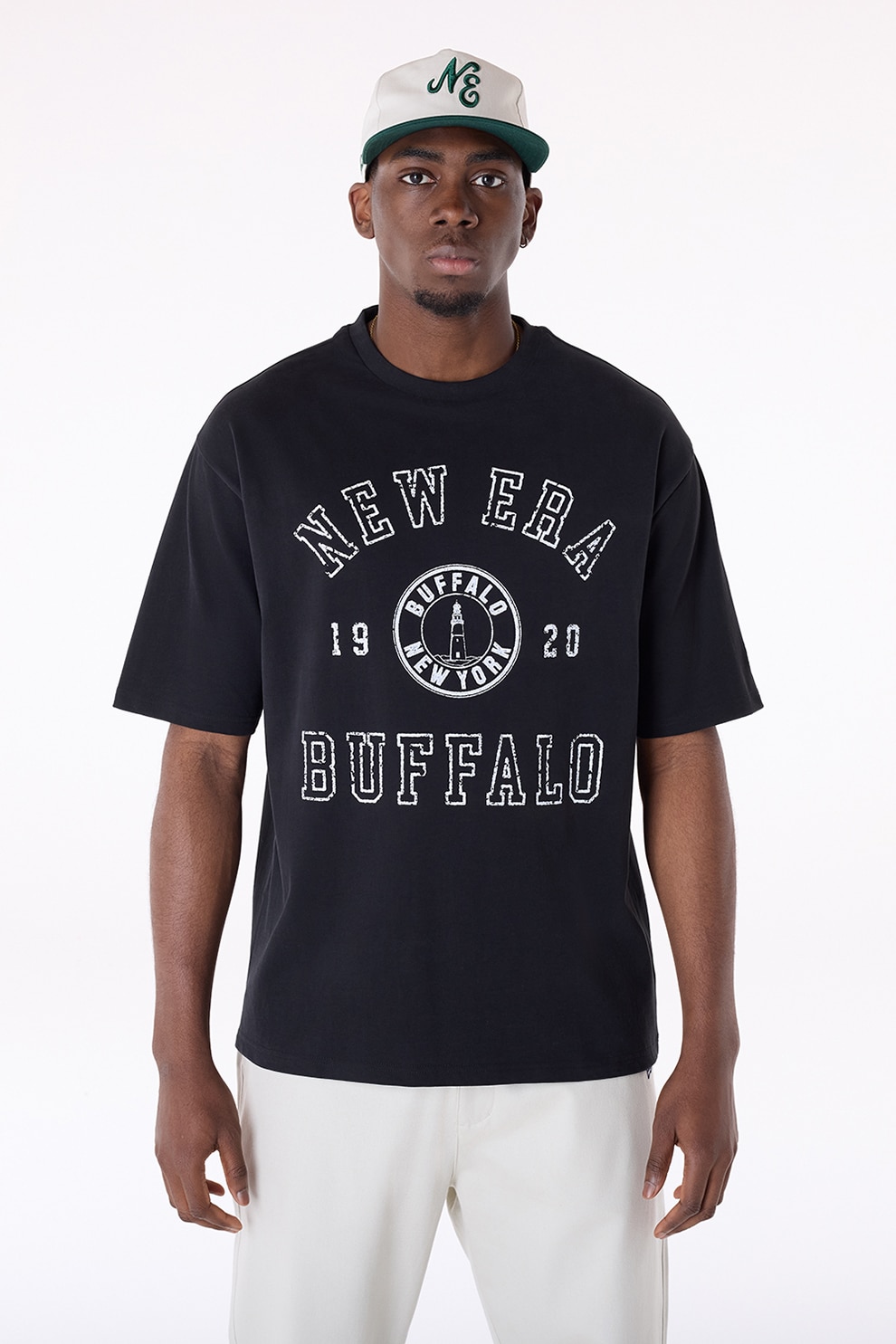 New Era, Tricou de bumbac cu imprimeu logo, Negru, Alb optic, S