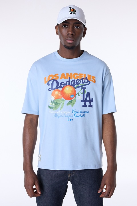 New Era, Tricou de bumbac cu imprimeu grafic si text, Albastru pastel/Portocaliu