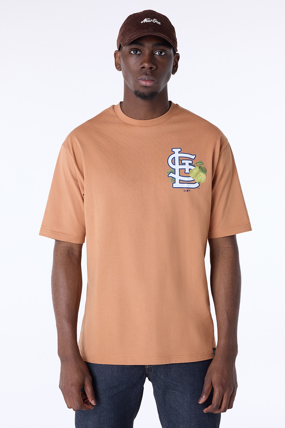 New Era, Tricou de bumbac cu imprimeu logo, Alb, Portocaliu persan, L