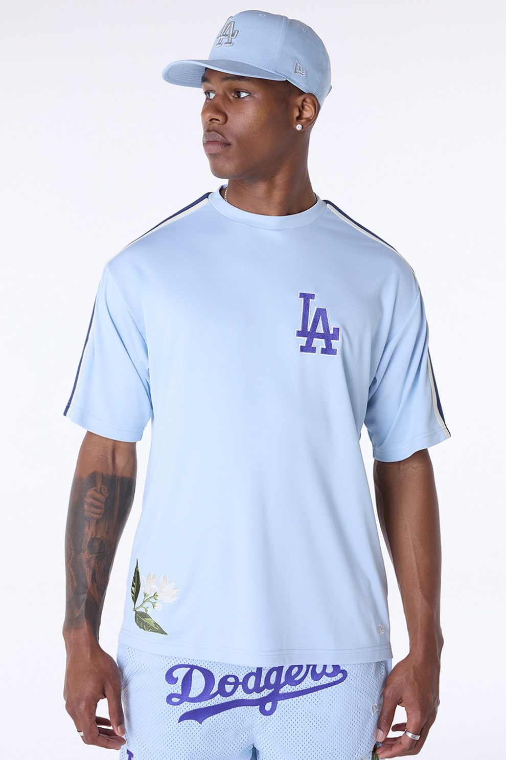 New Era, Tricou cu detaliu floral brodat, Albastru pastel, Bleumarin, XL