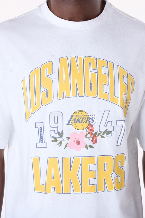 New Era, Tricou cu decolteu la baza gatului si text, Alb/Galben