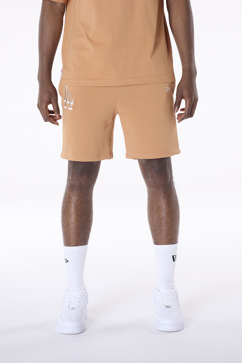 New Era, Pantaloni de trening scurti cu snur si monograma brodata, Camel, L