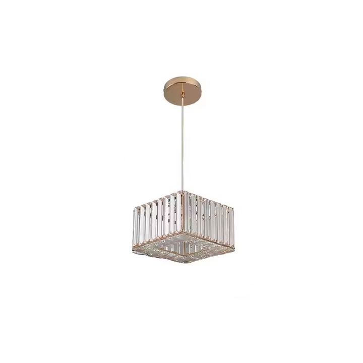 Pendul modern ajustabil, cristal, E27, 60W, 100cm, Metal, Patrat, Cristal, Auriu