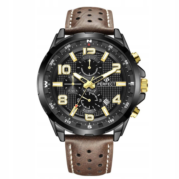 Ceas barbatesc Perfect, negru, curea din piele, 47.40mm