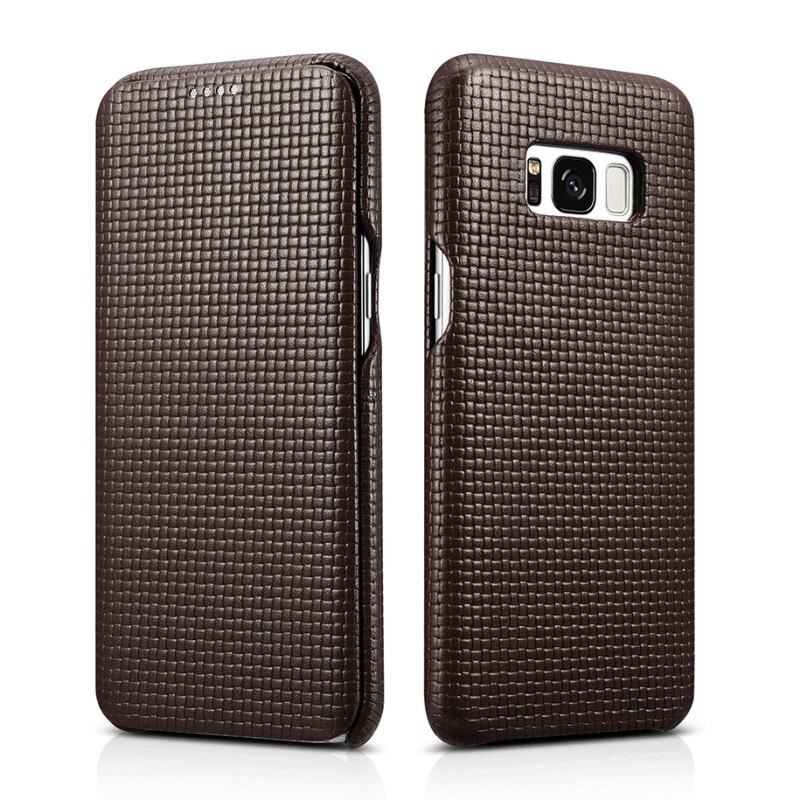 Husa din piele, tip carte, Samsung Galaxy S8 Plus - iCarer Woven Pattern Side Open, culoare Maro coffee