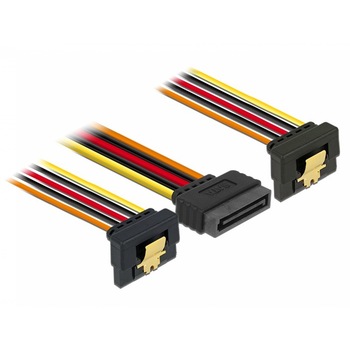 Cablu alimentare SATA 15 pini la 2 x SATA clips metalic unghi T-M, Delock 60145 Cablu alimentare SATA 15 pini la 2 x SATA clips metalic unghi T-M, Delock 60145