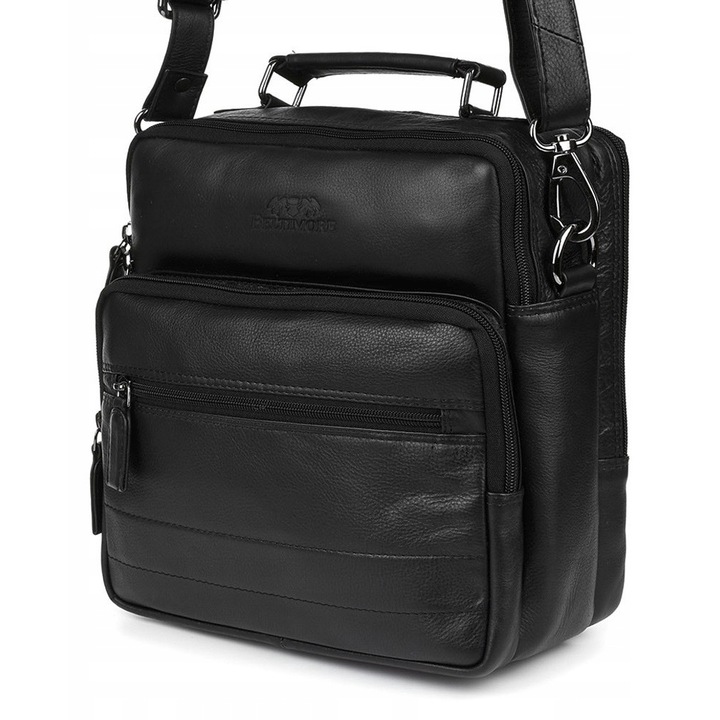 Férfi táska, Beltimore, valódi bőr futártáska, 2 rekeszes, fekete, 30x25x10cm