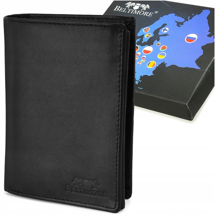 Portofel barbati din piele naturala, Beltimore, cu protectie RFID, negru, dimensiuni 12x9,5x2,5cm, cutie inclusa