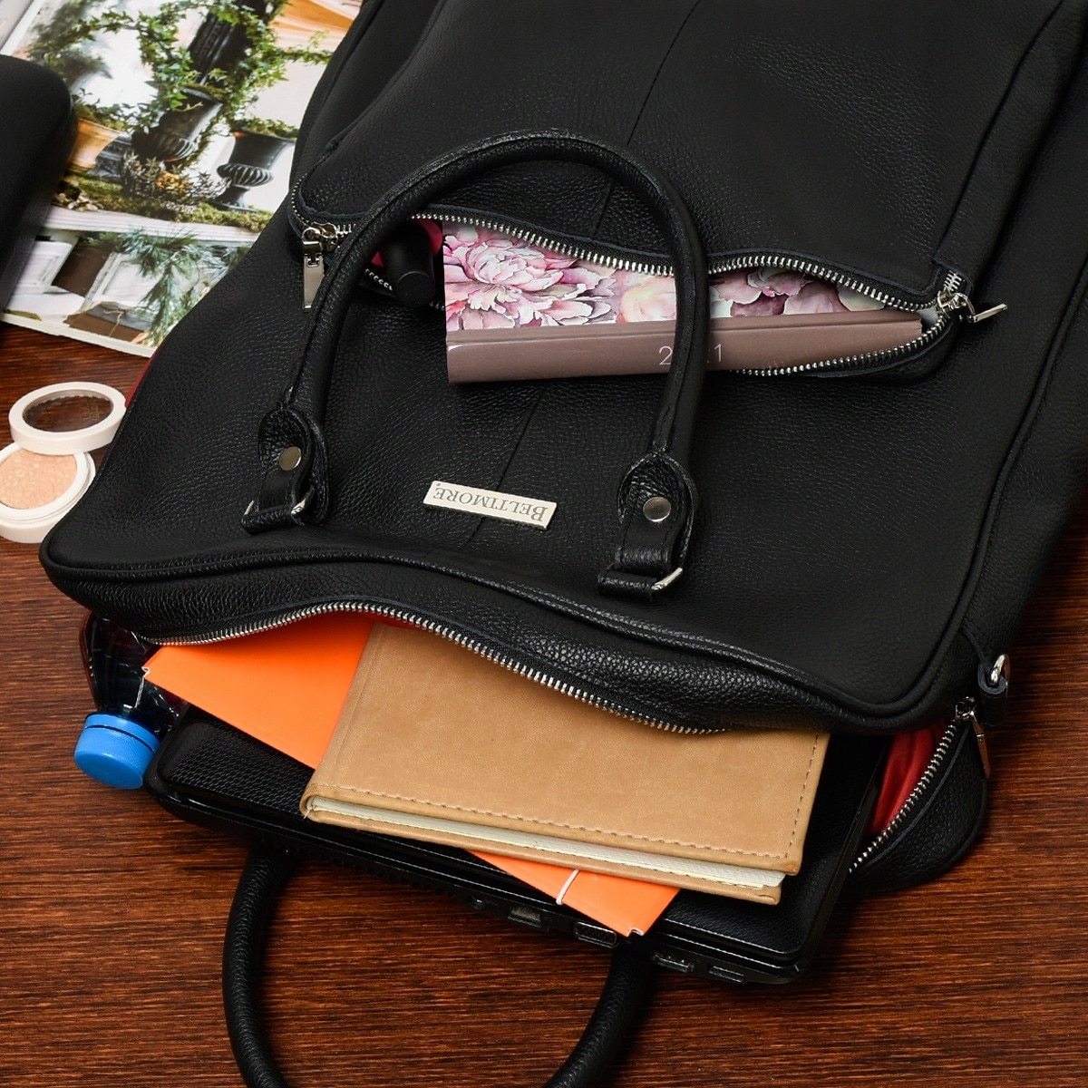 Rucsac mare 2in1 din piele naturala, Beltimore, negru, pentru laptop 15"
