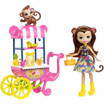 Set de joaca Mattel EnchanTimals, Papusa Merit Monkey si caruciorul cu racoritoare Set de joaca Mattel EnchanTimals, Papusa Merit Monkey si caruciorul cu racoritoare