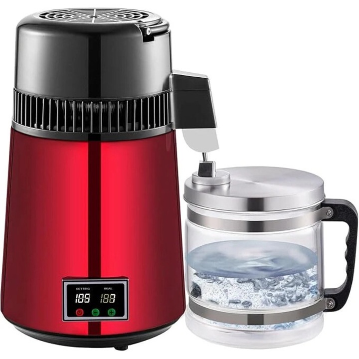 Vízlepárló, 1 L/H, hőmérséklet és időbeállítások, üvegtartály, piros, 4 l