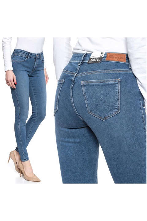 Blugi Dama, Wrangler, Skinny, W24-L32 US, Bumbac, Zipper, Lung, 5 Buzunare 2 Mari 2 Medii Externe 1 Mic Intern, Talie Joasa, Albastru