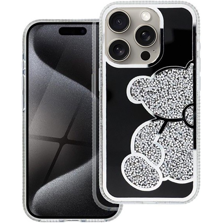 Кейс за Apple iPhone 16 Pro Max, Кристален Мече, Дизайн с Мече, Блестящи кристали, Издръжлив, Устойчив на удар и надраскване, Сребрист