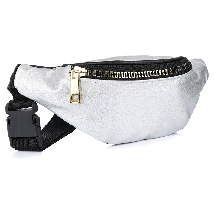 Női kézitáska, ökológiai anyagból, 33x12x8cm, két zsebbel, 60-120cm között állítható, ezüst