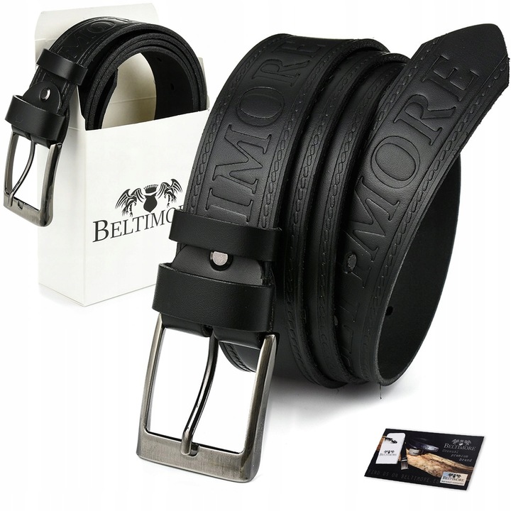 Férfi bőröv, Beltimore, 115 cm, fekete, elegáns csattal, dobozzal együtt