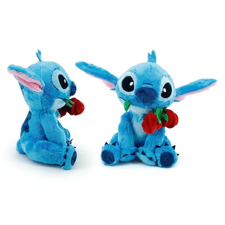 Jucarie de plus Stitch cu trandafir rosu, 25cm, Disney, albastru