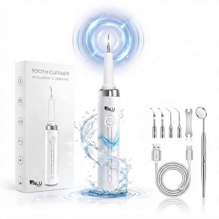 Aparat pentru Eliminare Tartru iBLU smart, Detartraj Ultrasonic, Eliminare Placa Bacteriana, 5 Moduri pentru Curatarea Dintilor, 4 Capete Curatare si Oglinda Dentara Incluse, Lumina LED Puternica, Portabil si Reincarcabil, Rezistent la Apa, Alb