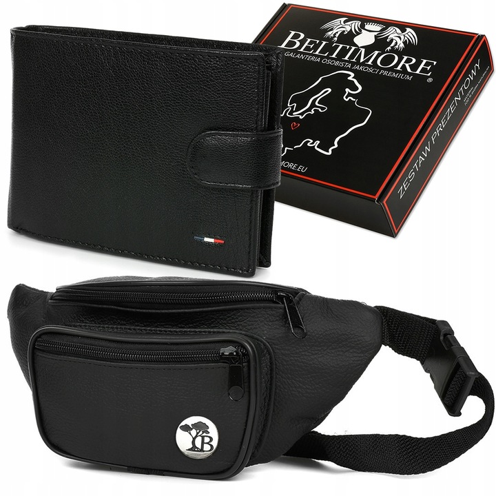 Férfi szett, pénztárca és pénztárca valódi bőrből, fekete, Beltimore