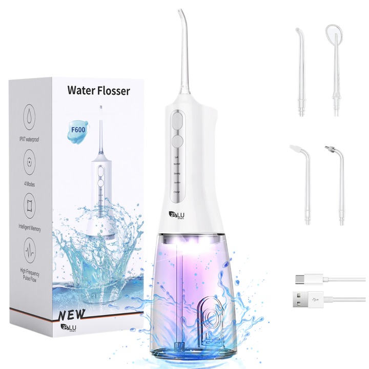Professzionális szájöblítő UV-sterilizálással szájöblítéshez, iBLU smart, hordozható, 1400-1800 impulzus/perc, 4 fej 360-ban forgatható, 4 munkaprogram, teljesen kivehető 300 ml-es tartály, IPX7 vízálló, 1500 mAh, fehér akkumulátor, USB-C