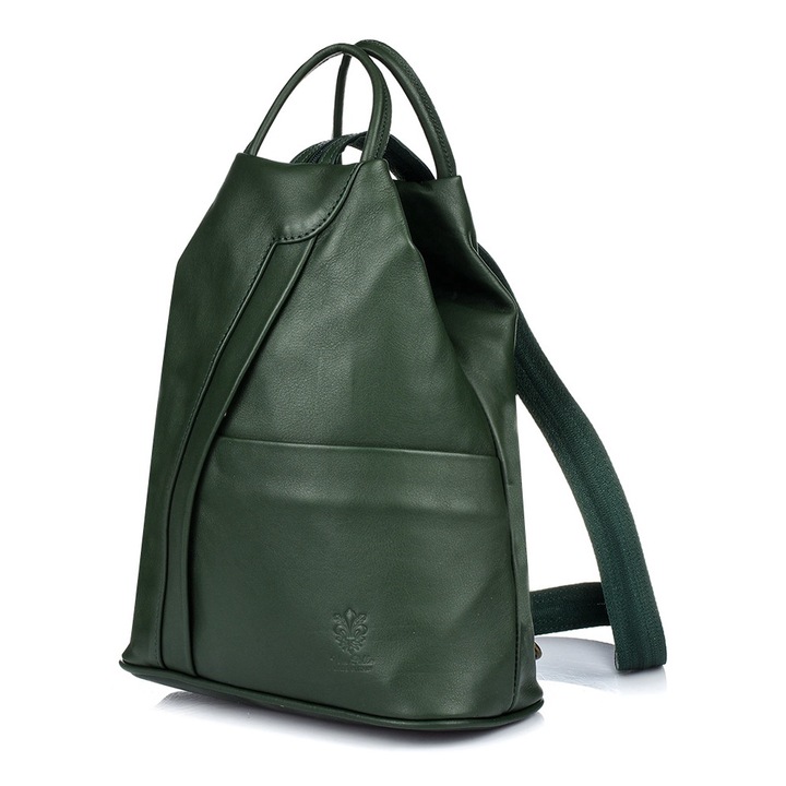 Дамска раница vera pelle естествена кожа тъмнозелена 5 джоба размери 30х24х12см