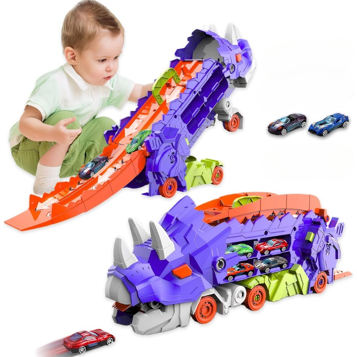 Set Multifunctional Dinozaur 2-in-1, Camion de Transport si Rampa de Lansare cu 2 Masinute, Distractie, Educatie si Dezvoltarea Creativitatii pentru Copii, + 3 Ani, Albastru Portocaliu, Utility One