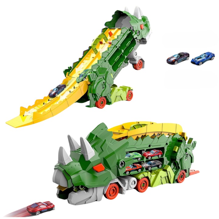 Set Multifunctional Dinozaur 2-in-1, Camion de Transport si Rampa de Lansare cu 2 Masinute, Distractie, Educatie si Dezvoltarea Creativitatii pentru Copii, + 3 Ani, Verde Portocaliu, Utility One