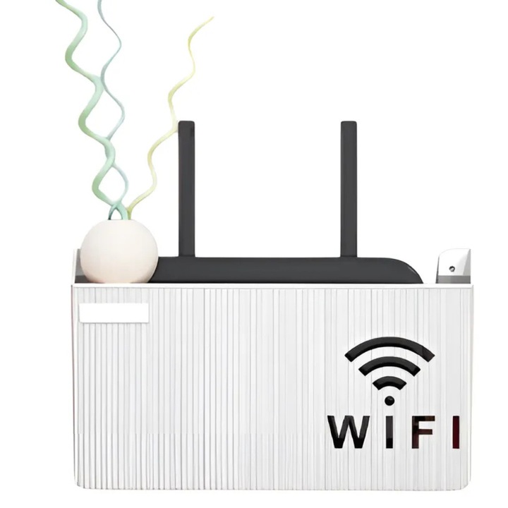 Рафт-органайзер за рутери Promerco®, за скриване на кабели и Wi-Fi оборудване, размери 245x140x60 мм, лесен за монтаж на стена, бял цвят, семпъл и ефикасен дизайн, матово покритие