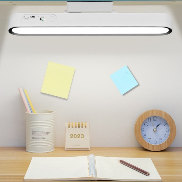 Lampa LED reincarcabila pentru Birou / Munca / Citit, Suport magnetic, Control prin telecomanda, 3 Tipuri de Lumina 3000K-4000K-6000K, Protectie Ochi, Reglare intensitate tactila, fara palpaire, suport telefon, fixare fara gaurire, Iluminare Reglabila 80°