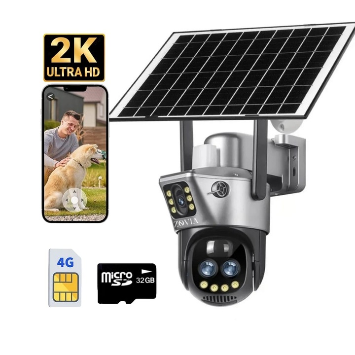 ZOVIA napelemes térfigyelő kamera, 2k kétlencsés, 4G, emberérzékelés, vízálló, ZOOMx10 3 kétképernyős lencse