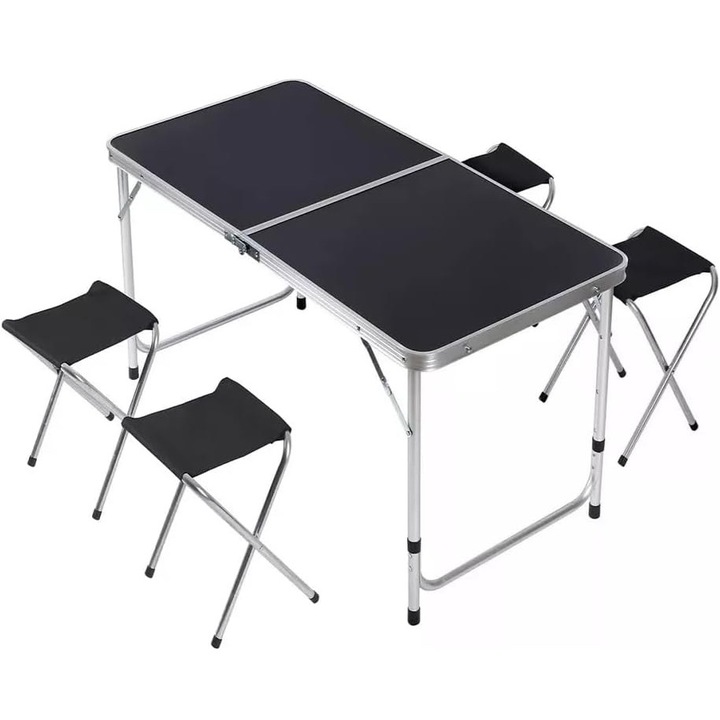 Сгъваема туристическа маса и 4 стола Zola, с 3 степени на регулиране на височината, нехлъзгащи се крака, алуминиева рамка, сгъваема като куфар, размери 120 x 60 x 55-60-70 см, размери на стола 33 x 28 x 33 см, максимално поддържано тегло 40/100 кг, черен