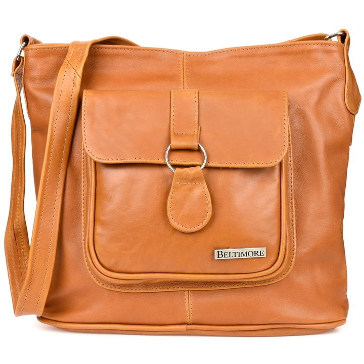 Valódi bőr válltáska, Beltimore, nagy A4, 5 zseb, karamell, 30x35x12cm