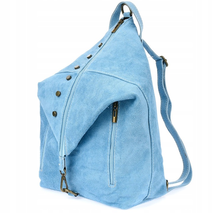 Модна дамска раница Vera Pelle от естествена кожа Zamos синя с размери 42х34х13см с 3 външни джоба