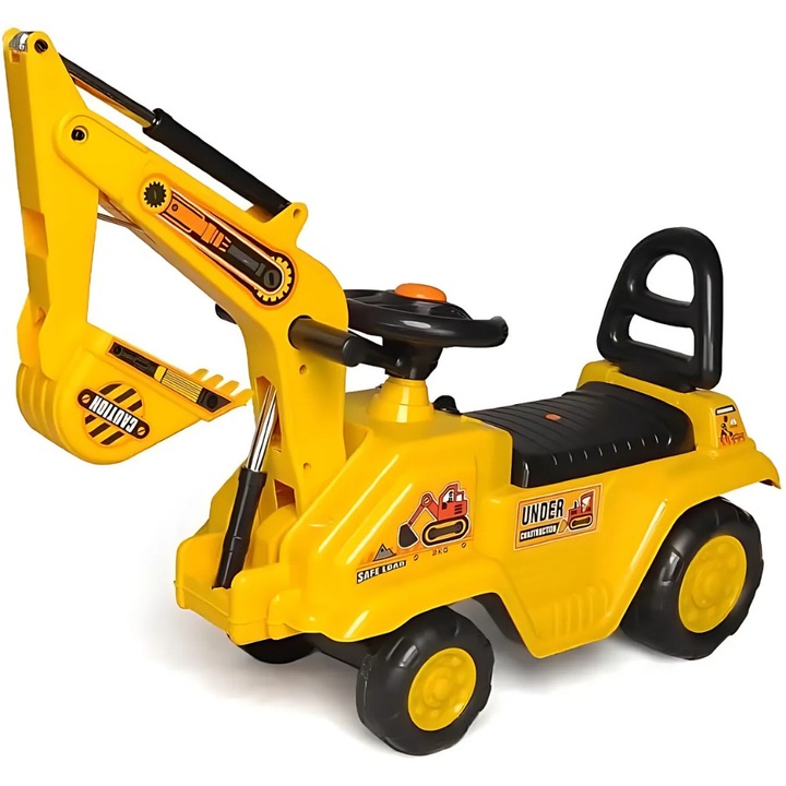 JOZY® количка за дете, багер, 1-3 години, лесно управление с волан, лостове, стабилна конструкция, атрактивен дизайн, идеално за двигателно развитие, интерактивна игра, издръжлива пластмаса, жълт