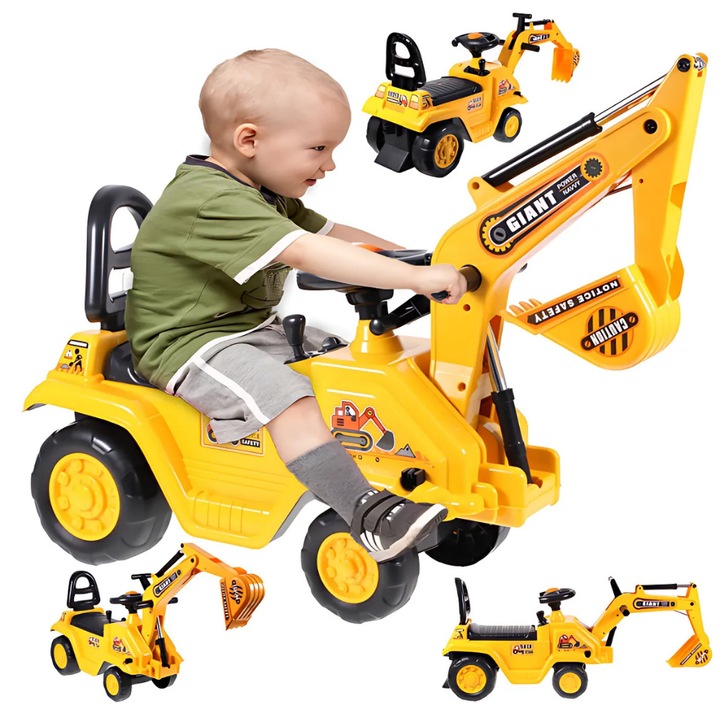 Багер Promerco® Ride-On Excavator, играчка 2 в 1 с вградено гърне, волан, функционални лостове, реалистичен дизайн, идеален за деца 1-3 години, режим на бутане, здрава конструкция от здрава пластмаса, удобен и безопасен, жълт