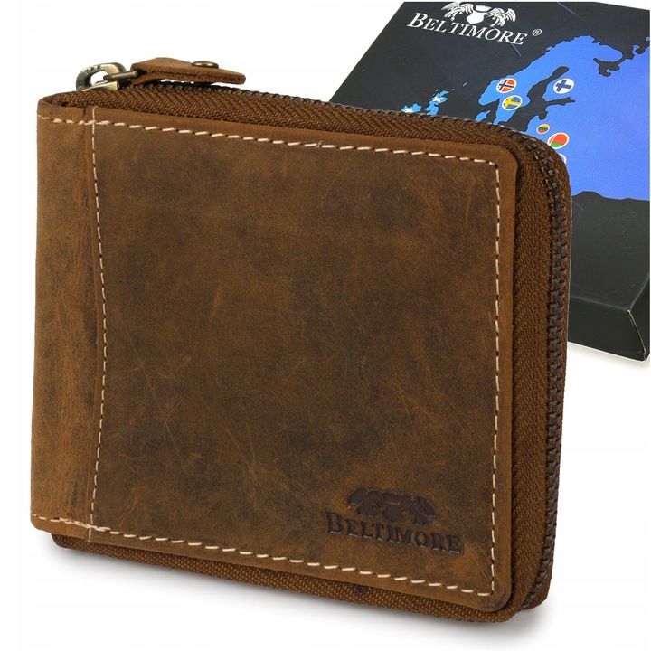 Portofel din piele pentru barbati, Brown, 12,5x10cm, cu protectie RFiD, set cu cutie eleganta