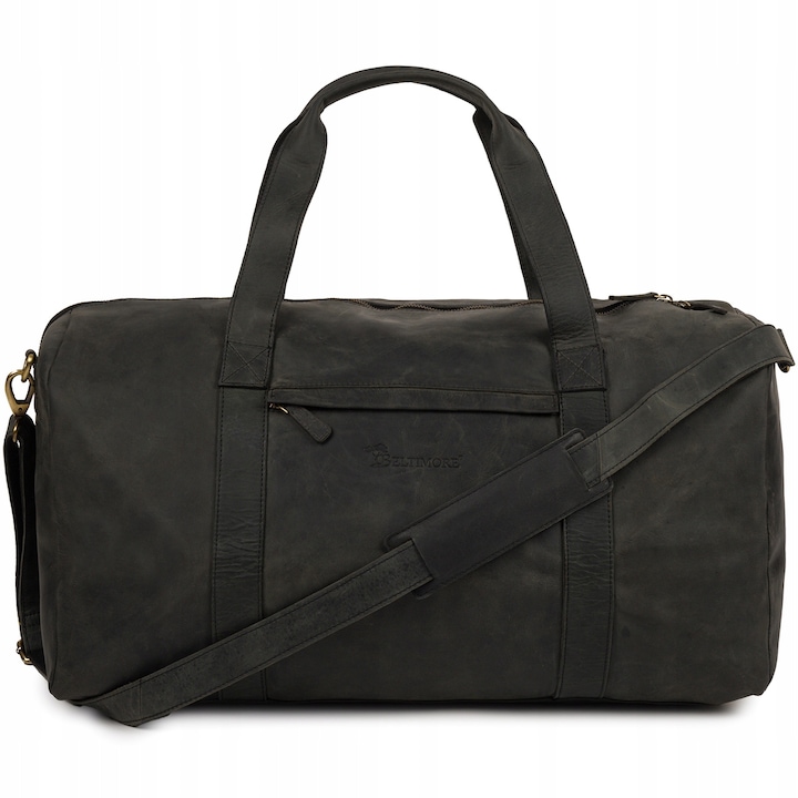 Nagyméretű, fekete nubuk bőr utazótáska 2 külső és 3 belső zsebbel