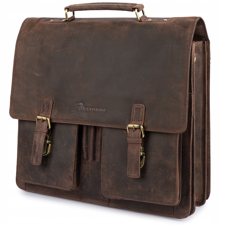 Természetes bőr táska, Beltimore, barna színű, mérete 39x42x10cm, 13" és 15,6" laptopokhoz