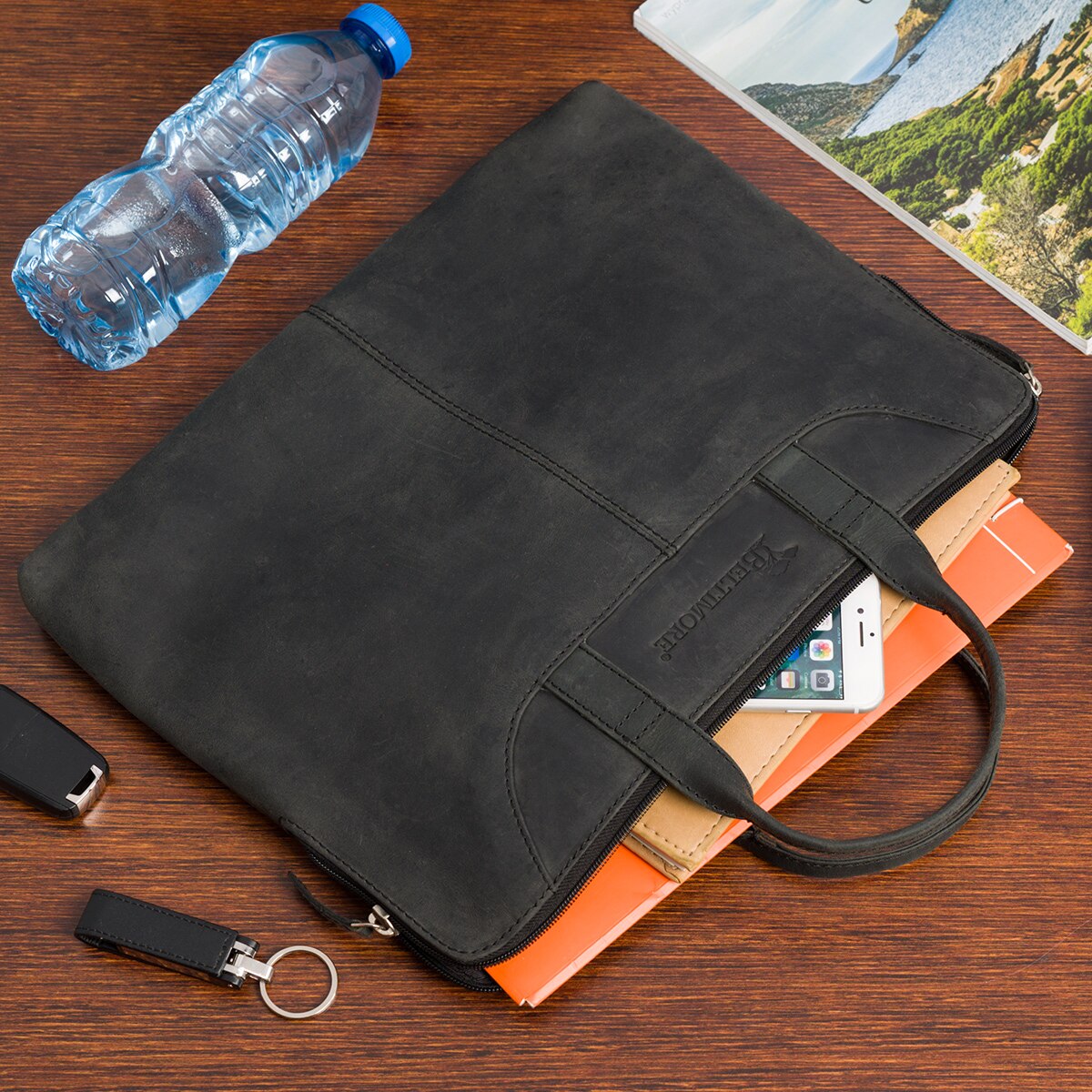 Geanta din piele pentru laptop Beltimore, negru, unisex, cu buzunar A5, 13inch