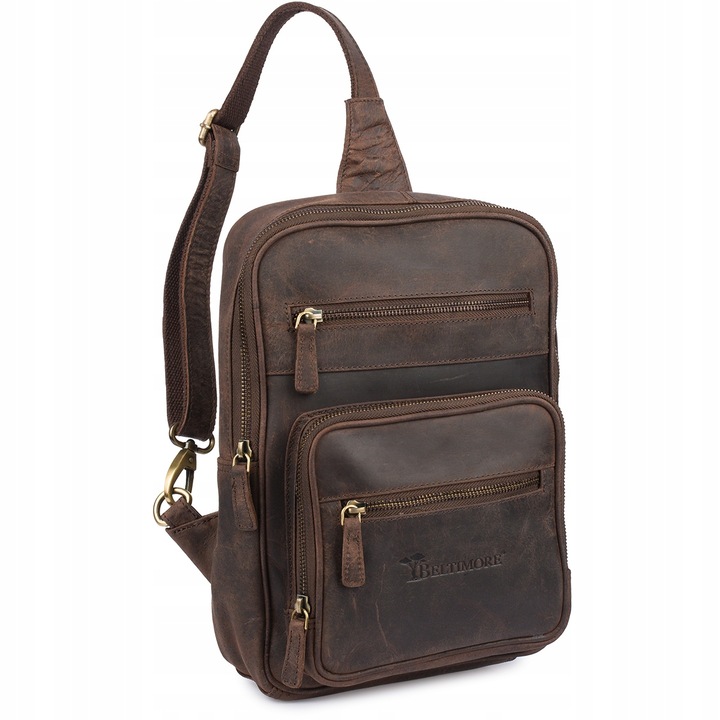 Раница Crossbody от естествена кожа набук, кафява, 1 отделение, 4 външни джоба, 32x24x7см