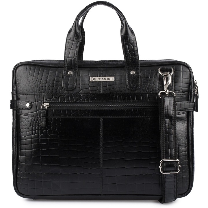 Geanta de umar din piele naturala, Beltimore, model croco, neagra, pentru laptop 15", format A4