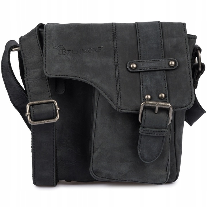 Férfi táska valódi bőrből, fekete, levélmintás, méretei 20x25x11cm, állítható pánttal 80-160cm, 3 db külső zsebbel.