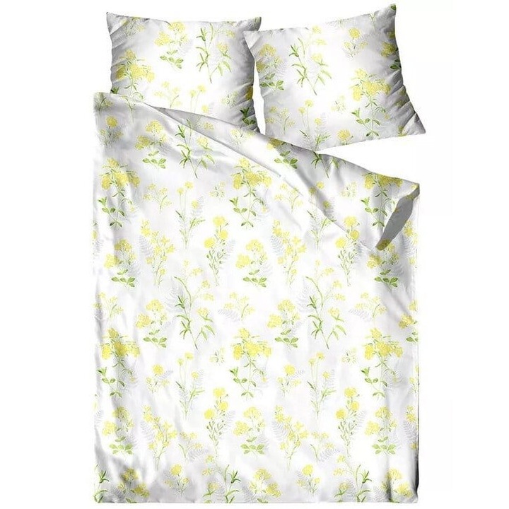 Lenjerie de pat Bawelniana 140x200 cm, Bielbaw, design floral, alb cu auriu, set complet