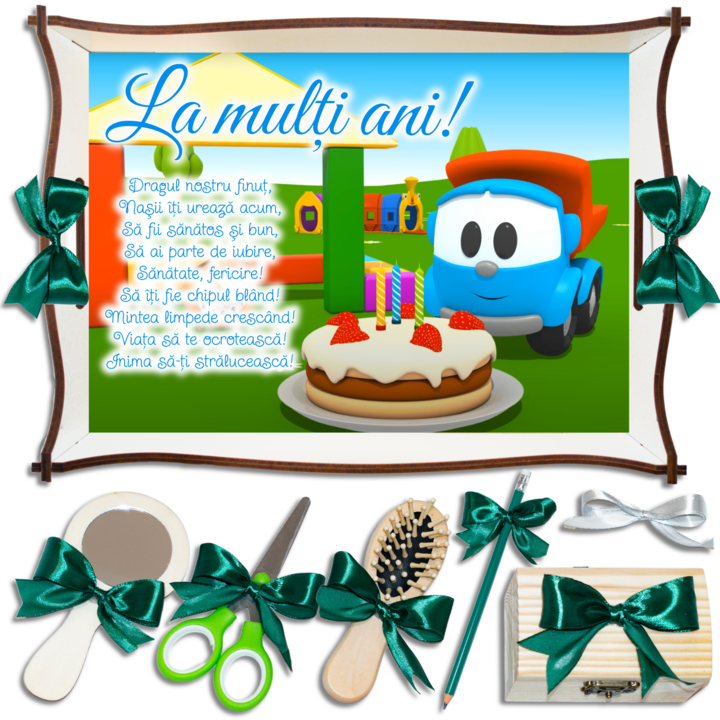 Super Camionul Leo, Set Tavita pentru Taiere Mot/Turta pentru baieti, Prima aniversare, 7 Piese, 24x32cm, Culoare Alba, Funde Verzi, TNV01