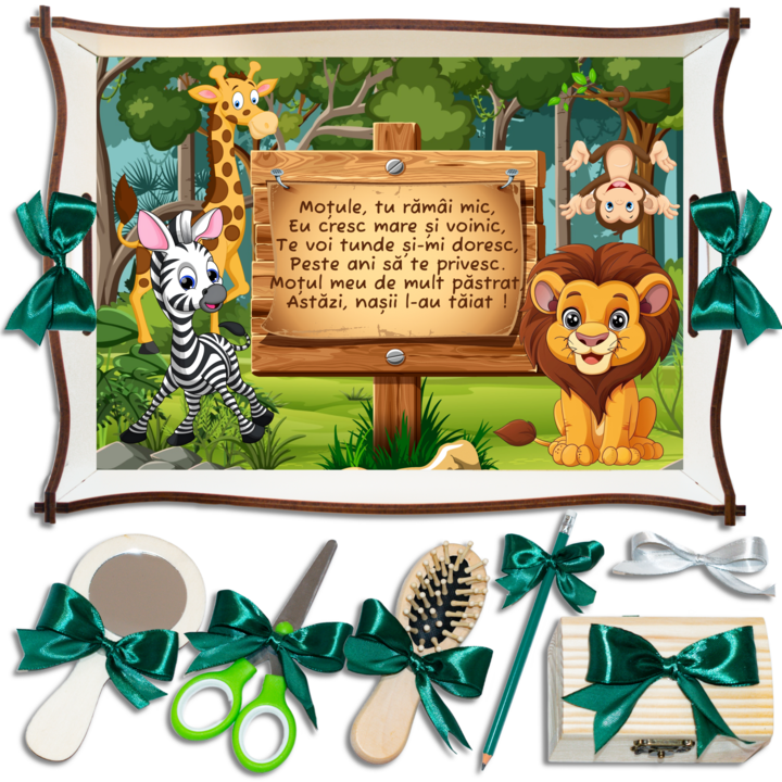 Animale Jungla, Set Tavita pentru Taiere Mot/Turta pentru baieti, Prima aniversare, 7 Piese, 24x32cm, Culoare Alba, Funde Verzi, TNV03