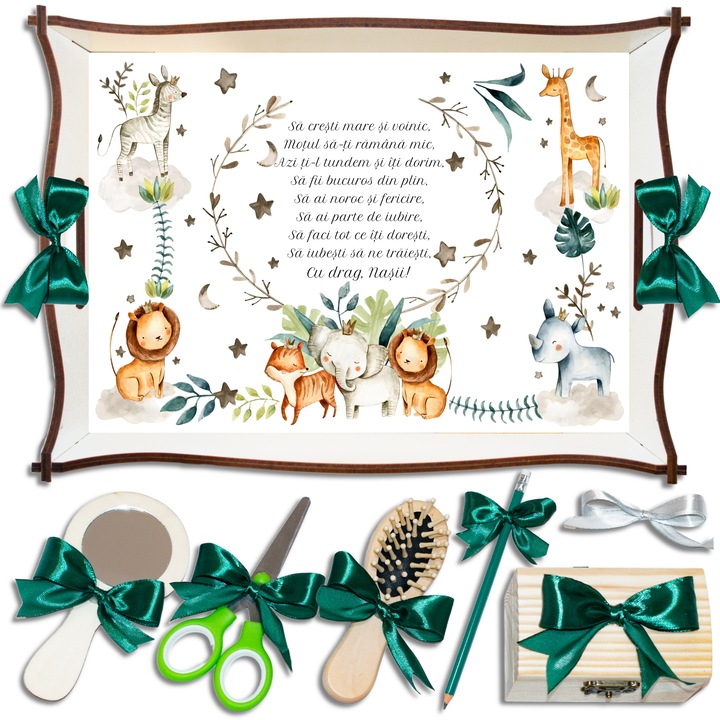 Safari, Set Tavita pentru Taiere Mot/Turta pentru baieti, Prima aniversare, 7 Piese, 24x32cm, Culoare Alba, Funde Verzi, TNV05