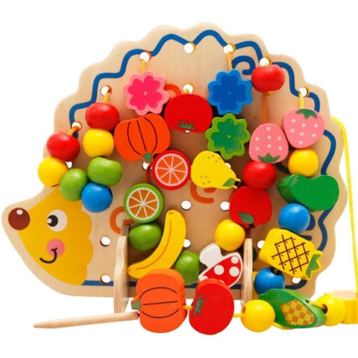 Jucarie de snuruit din lemn, Ariciul cu fructe si legume, 82 piese, SARALMA®