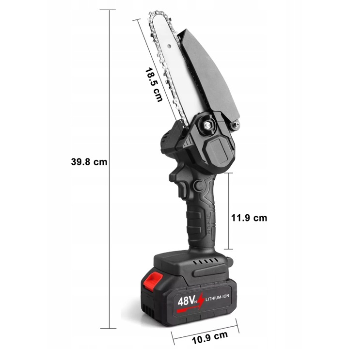 Mini láncfűrész, 6", 2x 24 V-os elem, 2 lánc, tartozékokkal, fekete
